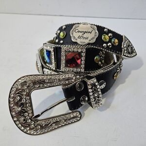 Cowgirl West Iridescent Gem Studded Belt Size L 43" Leather Western Rhinestone
